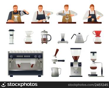 Barista and coffee equipment gradient set with coffee beans flat isolated vector illustration. Barista And Coffee Set