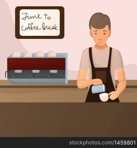 Barista brew coffee for lifestyle design. Male cartoon character make cappuccino. Cafe interior, quote - time to coffee break on wall in frame.. Barista brew coffee for lifestyle design.