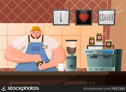 Barista character making coffee in coffeehouse. Cafeteria indoor view with machine equipment and waiter employee in apron doing mug beverage. Staff holding cup of java drink in restaurant vector. Waiter Holding Cup of Coffee in Coffeehouse Vector