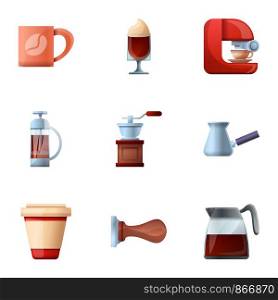 Barista coffee icon set. Cartoon set of 9 barista coffee vector icons for web design isolated on white background. Barista coffee icon set, cartoon style