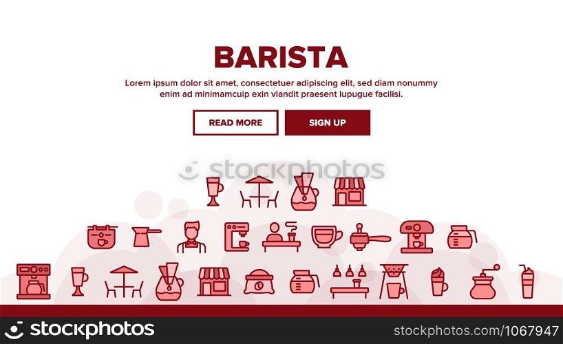 Barista Landing Web Page Header Banner Template Vector. Coffee And Latte Cup, Beverage Machine And Barista Brewing Pot Linear Pictograms. Morning Energetic Drink Illustration. Barista Landing Header Vector