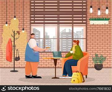 Barista or waiter bring sandwich for woman. Lady drink coffee or tea and work on laptop. Place for relax in cafeteria, cozy interior with plants. Big window with cityscape. Vector illustration in flat. Barista Bring Sandwich for Woman in Coffeehouse