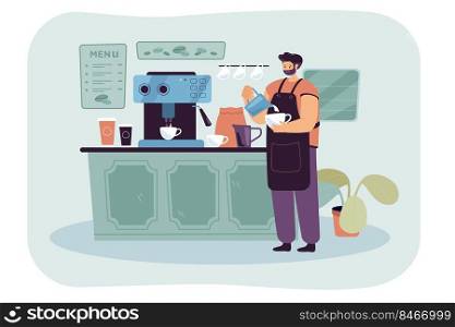 Barista wearing apron pouring whipped milk into espresso. Male character making good quality coffee flat vector illustration. Small business, coffee shop station or place concept