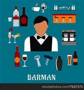 Barman and bartender profession flat icons with man, alcohol beverages and drinks, pub elements. Barman and bartender flat icons