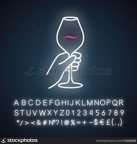 Barman holding glass of red wine neon light icon. Alcohol beverage, aperitif drink. Wineglass, glassware. Glowing sign with alphabet, numbers and symbols. Vector isolated illustration