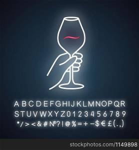 Barman holding glass of red wine neon light icon. Alcohol beverage, aperitif drink. Wineglass, glassware. Glowing sign with alphabet, numbers and symbols. Vector isolated illustration