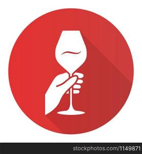 Barman holding glass of wine red flat design long shadow glyph icon. Alcohol beverage, aperitif drink. Wineglass, glassware. Winery, sommelier. Bar, restaurant. Vector silhouette illustration