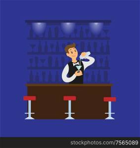 Barman making cocktail, pouring drink in glass. Blue restaurant in flat style, bartender in suit mixing beverage. Working waiter in dark pub vector. Barman Making Cocktail, Pouring in Glass Vector