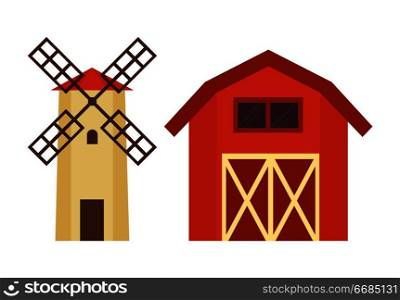 Barn for grain or hay warehousing and water tower with wooden cover for dacha, farm or ranch flat vector illustration isolated on white building set.. Barn and Water Tower Building Illustration Set