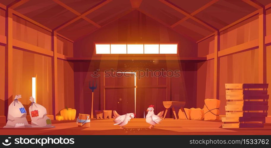 Barn interior with chicken, farm house inside view. Wooden ranch with haystacks, sacks, fork, huge gate and window under roof. Traditional countryside storehouse building Cartoon vector illustration. Barn interior with chicken, farm house inside view