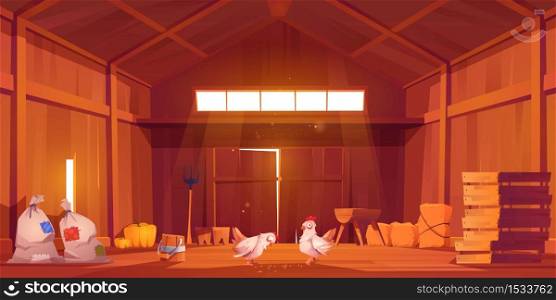 Barn interior with chicken, farm house inside view. Wooden ranch with haystacks, sacks, fork, huge gate and window under roof. Traditional countryside storehouse building Cartoon vector illustration. Barn interior with chicken, farm house inside view