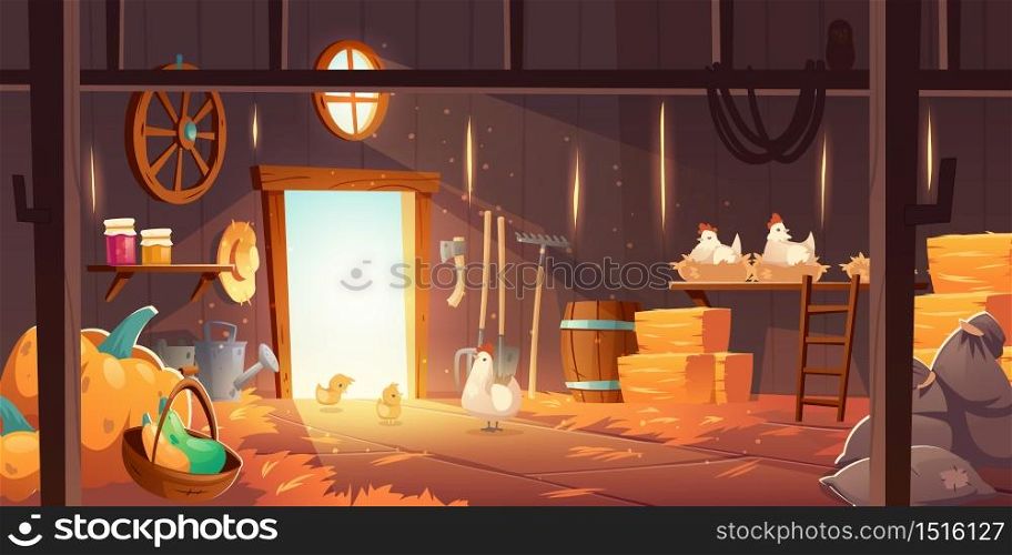 Barn on farm with chickens, straw and hay. Vector cartoon interior of old wooden shed with hen nests, haystack, fork, garden tools, bags and pumpkin. Rural barnhouse for storage harvest. Barn on farm with chickens, straw and hay