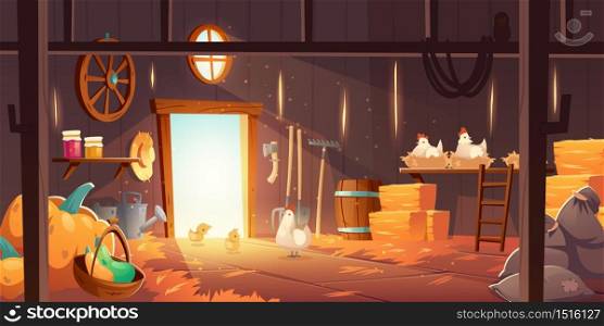 Barn on farm with chickens, straw and hay. Vector cartoon interior of old wooden shed with hen nests, haystack, fork, garden tools, bags and pumpkin. Rural barnhouse for storage harvest. Barn on farm with chickens, straw and hay