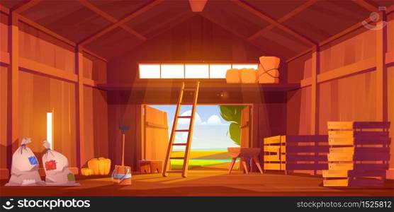 Barn on farm with harvest, straw and hay. Vector cartoon interior of old wooden shed with haystack on loft, ladder, fork, bags and pumpkin. Rural barnhouse for storage harvest. Barn on farm with harvest, straw and hay