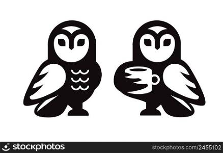 barn owl holding cup of coffee icon black and white background vector