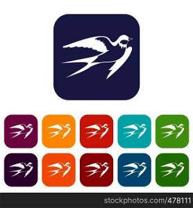 Barn swallow icons set vector illustration in flat style in colors red, blue, green, and other. Barn swallow icons set