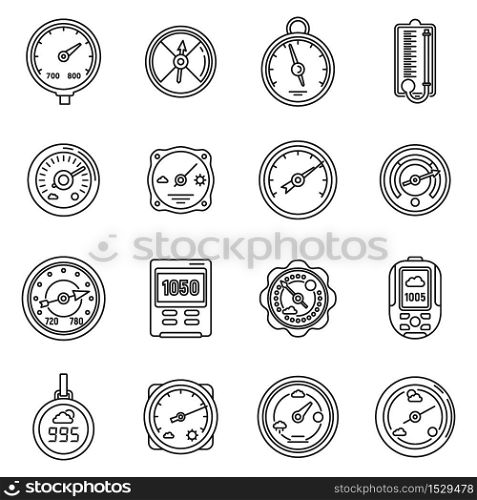Barometer control icons set. Outline set of barometer control vector icons for web design isolated on white background. Barometer control icons set, outline style