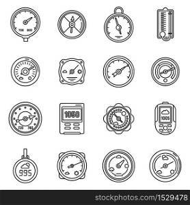 Barometer control icons set. Outline set of barometer control vector icons for web design isolated on white background. Barometer control icons set, outline style