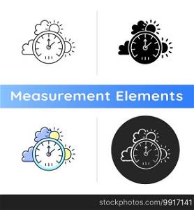 Barometer icon. Measuring air pressure in certain environment. Meteorological instrument. Atmospheric pressure and altitude. Linear black and RGB color styles. Isolated vector illustrations. Barometer icon
