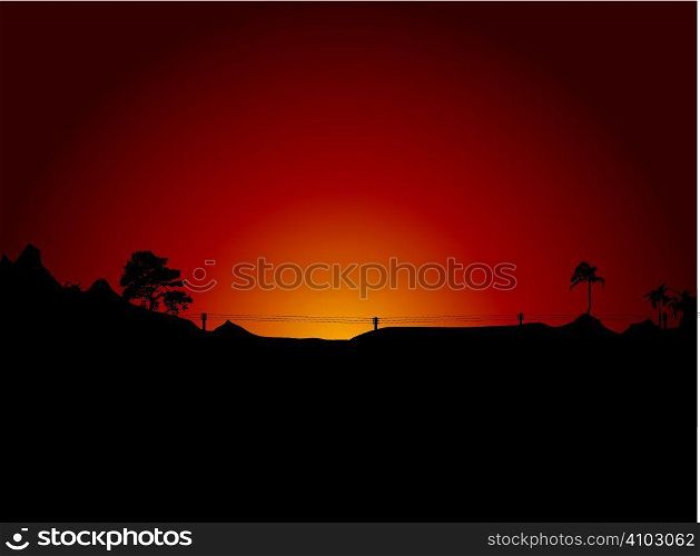 Baron desert scene at sunrise in orange and black