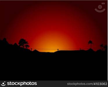 Baron desert scene at sunrise in orange and black