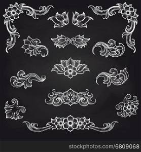 Baroque engraving leaf scroll design. Baroque engraving leaf scroll vector icons. Vintage decorative elemens design