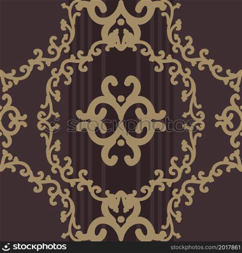 Baroque gold ornament on dark background. Vintage texture pattern. Seamless damask pattern. Vector illustration. For wallpaper, textiles, tiles or wrapping paper.. Baroque gold ornament on dark background.