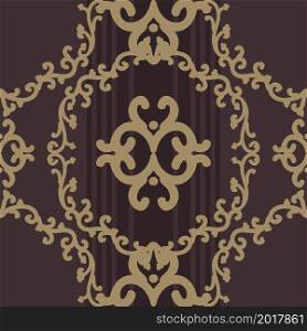 Baroque gold ornament on dark background. Vintage texture pattern. Seamless damask pattern. Vector illustration. For wallpaper, textiles, tiles or wrapping paper.. Baroque gold ornament on dark background.