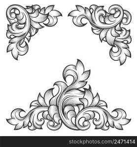 Baroque leaf frame swirl decorative design element set. Floral engraving, fashion pattern motif, vector illustration. Baroque leaf frame swirl decorative design element