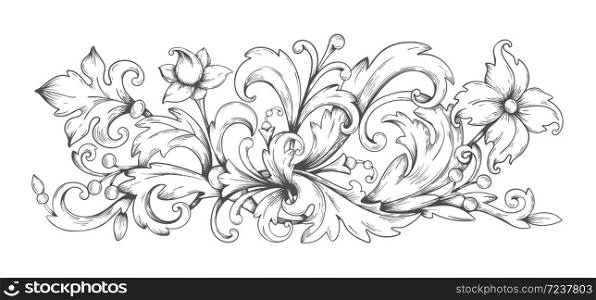Baroque ornament. Border engraved filigree elements with leaves, vintage Victorian scroll decorative arabesque. Vector black and white image frame heraldic swirl for decor album pages. Baroque ornament. Border engraved filigree elements with leaves, vintage Victorian scroll decorative arabesque. Vector frame heraldic swirl