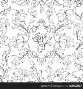 Baroque ornament pattern. Decorative floral border elements with engraved leaves, vintage victorian seamless texture. Vector heraldic wallpaper