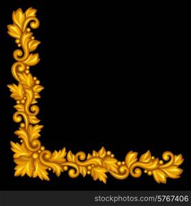 Baroque ornamental antique gold element on black background.