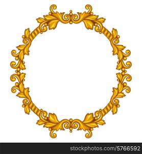 Baroque ornamental antique gold frame on white background.