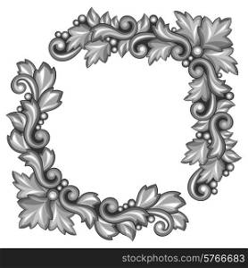 Baroque ornamental antique silver element on white background.
