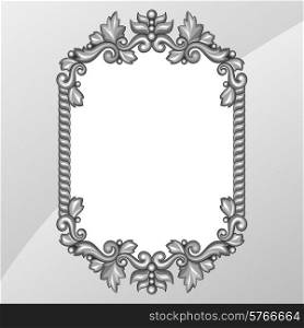 Baroque ornamental antique silver frame on white background.