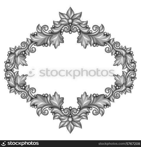 Baroque ornamental antique silver frame on white background.