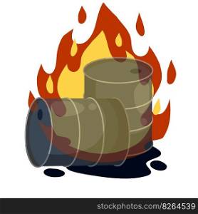 Barrel of oil. Burning fossil fuels. Petroleum packaging. Fire in gasoline Tank. Resource crisis. Accident and flames. Cartoon flat illustration. Barrel of oil. Burning fossil fuels.