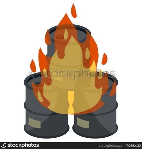 Barrel of oil. Burning fossil fuels. Petroleum packaging. Fire in gasoline Tank. Resource crisis. Accident and flames. Cartoon flat illustration. Barrel of oil. Burning fossil fuels