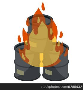 Barrel of oil. Burning fossil fuels. Petroleum packaging. Fire in gasoline Tank. Resource crisis. Accident and flames. Cartoon flat illustration. Barrel of oil. Burning fossil fuels