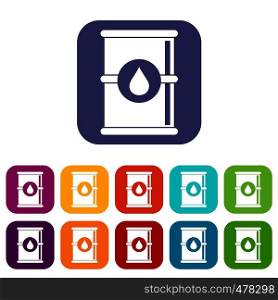 Barrel of oil icons set vector illustration in flat style in colors red, blue, green, and other. Barrel of oil icons set