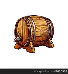 Barrel with tap, wine or beer alcohol drinks keg isolated sketch. Vector wooden container with faucet. Wooden oak keg with wine beer isolated container