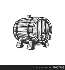 Barrel with tap, wine or beer drinks keg isolated monochrome icon. Vector tank with winery products, retro container on wood stand, oak cask. Barrel with tap or faucet, alcohol drinks keg. Wooden oak keg with wine, beer isolated container