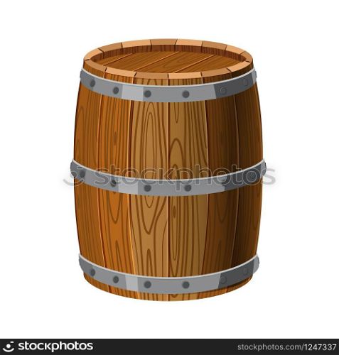 Barrel wooden with metal stripes, for alcohol, wine, rum, beer and other beverages. Barrel wooden with metal stripes, for alcohol, wine, rum, beer and other beverages, or treasures, gunpowder. Isolated on white background. Vector illustration. Cartoon style.