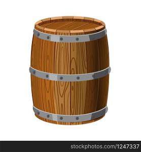 Barrel wooden with metal stripes, for alcohol, wine, rum, beer and other beverages. Barrel wooden with metal stripes, for alcohol, wine, rum, beer and other beverages, or treasures, gunpowder. Isolated on white background. Vector illustration. Cartoon style.