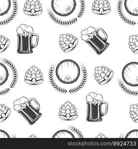 Barrels with fermenting alcoholic beverage and glasses with beer seamless pattern. Monochrome drinks with wheat and hops, craft and homemade brewery recipe. Pub or bar menu vector in flat style. Beer poured in glass, hops and barrel seamless pattern