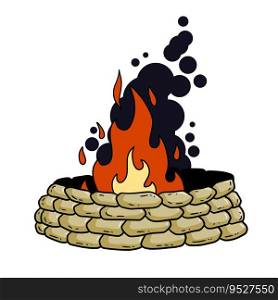 Barricade on fire. Flames in sandbag fortification. Modern warfare. War and assault. Destruction and annihilation. Cartoon illustration. Barricade on fire. Flames in sandbag fortification