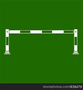 Barrier icon white isolated on green background. Vector illustration. Traffic barrier icon green