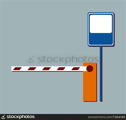 Barrier not allowing to enter and empty metal road sign in blue and white colors vector isolated. Prohibited entrance symbol, closed way concept. Barrier not Aallowing to Enter and Metal Road Sign