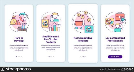 Barriers of circular economy onboarding mobile app screen. Small demand walkthrough 4 steps graphic instructions pages with linear concepts. UI, UX, GUI template. Myriad Pro-Bold, Regular fonts used. Barriers of circular economy onboarding mobile app screen