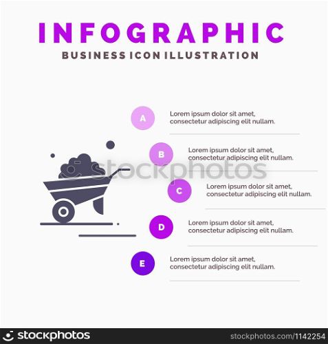 Barrow, Garden, Trolley, Truck, Wheelbarrow Solid Icon Infographics 5 Steps Presentation Background